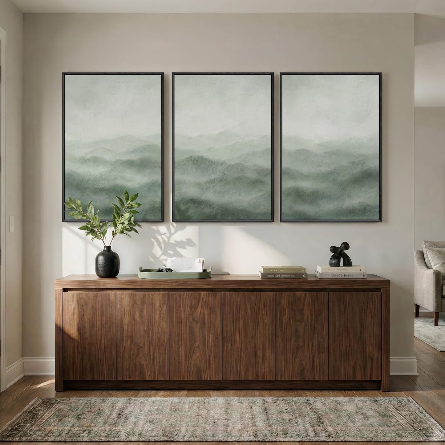 Large Framed Abstract Nature Landscape Wall Art for Living Room, Set of 3 Modern Canvas Prints Paintings Artwork for Walls, Green Lake Pictures for Hallway, Dining Room, Office Wall Decor 24x36 Inch