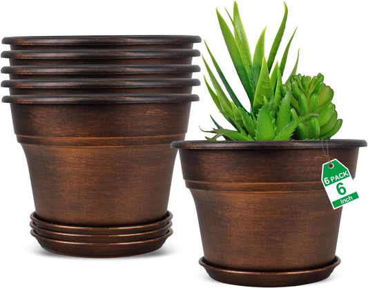 Fodetyff 10 Inch Planters Plant Pots Indoor Outdoor, 4 Pack Plastic Flower Pot for Indoor Plants with Drainage Holes & Trays, Resin Decorative Container Sets with Saucer for House Garden Copper