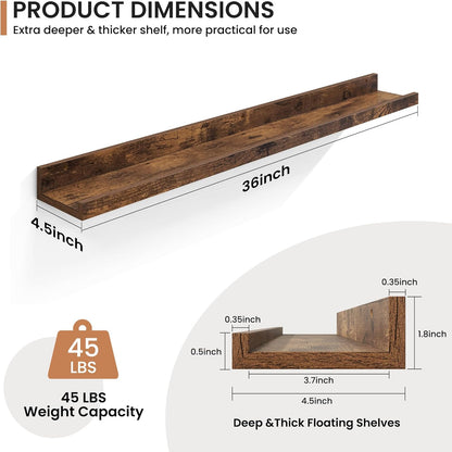 Fun Memories Picture Ledge Shelves Set of 2, 32 Inch Rustic Wall Mounted Floating Shelves with Lip for Home Storage and Décor in Bathroom, Kitchen, Nursery, Bedroom, Living Room, Walnut