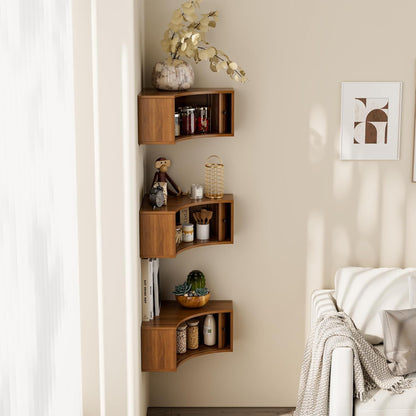Corner Shelves Wall Cabinet Set of 3, Floating Corner Shelf Organizer with Sliding Doors, Fluted Wall Cabinet for Living Room, Bedroom, Office, Small Space, Walnut (Curved, 15.74“)