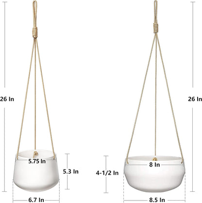 Mkono Ceramic Hanging Planter of Shallow 8 Inch and Deep 6 Inch for Indoor Outdoor Plants, Set of 2 Modern Plant Pot Geometric Porcelain Hanging Basket with Polyester Rope Hanger
