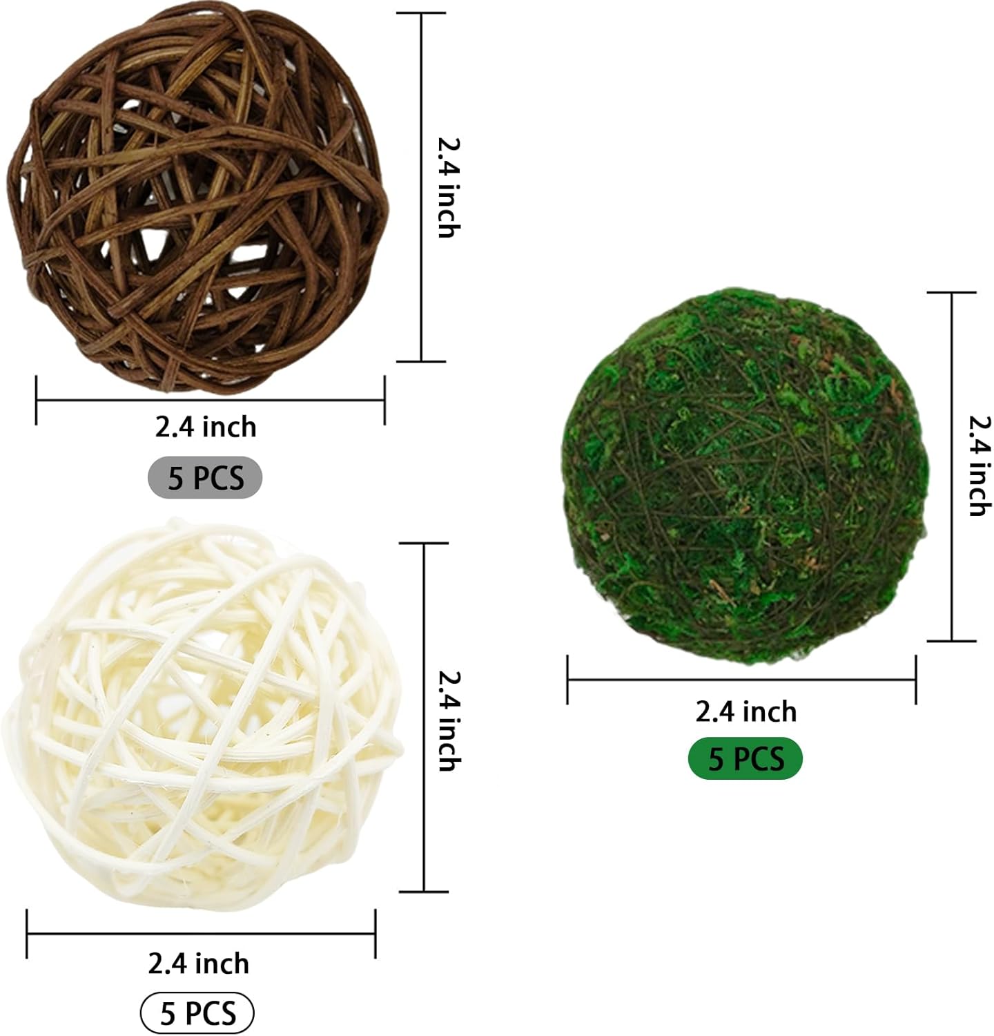 15pcs Decorative Balls for Vase Centerpiece Bowls Orbs Filler Table Decor, 2.4 in Wicker Rattan Balls and Moss Balls Set(Green + Brown + White)