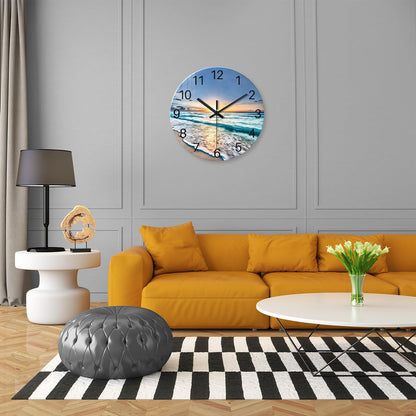 Beach Wall Clock Battery Operated 12 Inch Glass Wall Clock Non Ticking Analog Blue Wall Clocks for Bedroom Living Room Office Decor