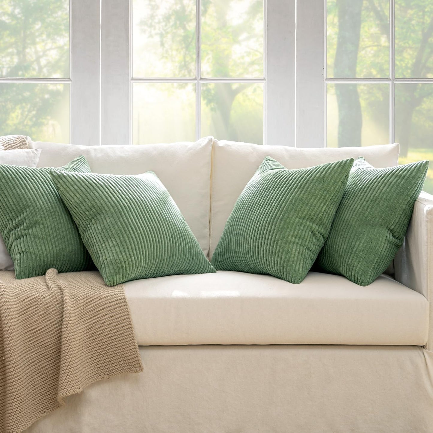 MIULEE Boho Farmhouse Sage Green Throw Pillow Covers 18x18 Inch Set of 4 Mordern Nordic Cushion Covers Soft Corduroy Spring Home Decor for Couch Bed Sofa Living Room Forest Green