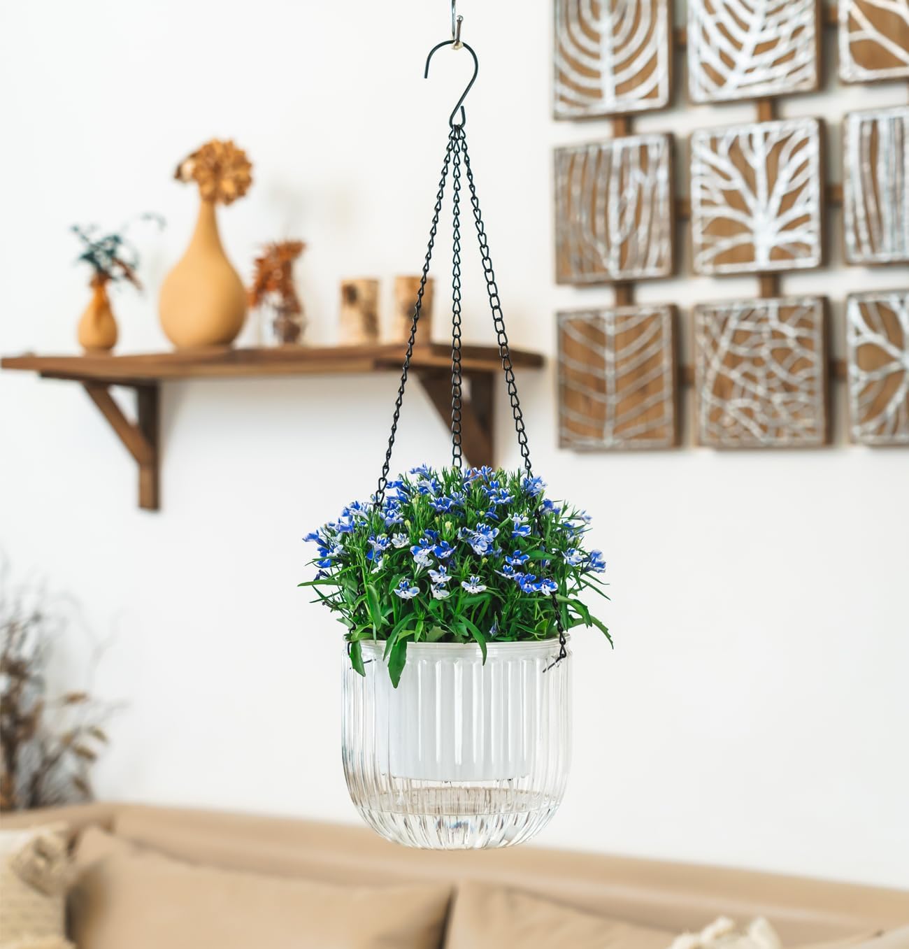 Melphoe 2 Pack Self Watering Hanging Planters Indoor Flower Pots, 6.5 Inch Outdoor Hanging Basket, Plant Hanger with 3Hooks Drainage Holes for Garden Home (Emerald)