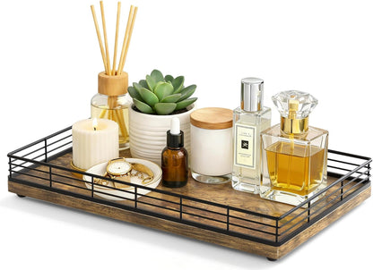 Bathroom Vanity Tray for Countertop, 12" x 6" Acacia Wood Toilet Tank Tray with Metal Guardrail, Bathroom Organizer for Soap, Perfume & Skincare, Non-Slip Decorative Tray for Dresser, Black & Acacia