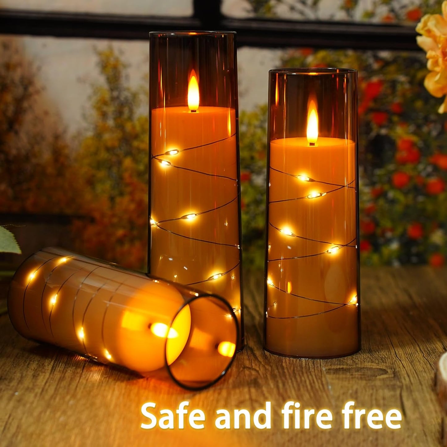Nimiko Flickering Flameless LED Candles, 9 Pcs with Embedded Star String, Acrylic LED Pillar Candles with Remote, Suitable for Home Decoration (White)