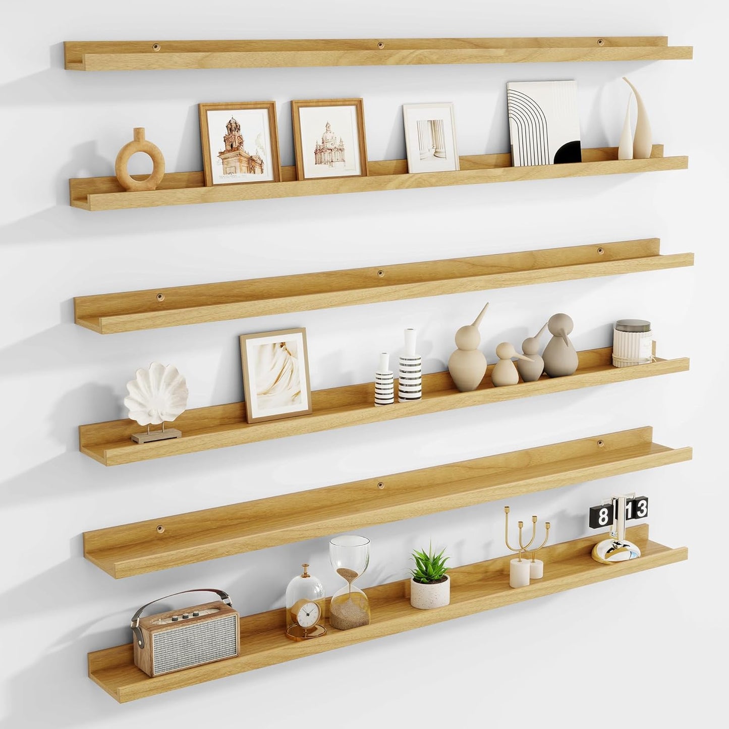 Acovy Picture Ledge Shelf Set of 6, 48 inch Long Large Floating Shelves for Wall with Lip, Wall Mounted Shelves for Living Room, Bedroom, Bathroom, Kitchen, Nursery,Oak