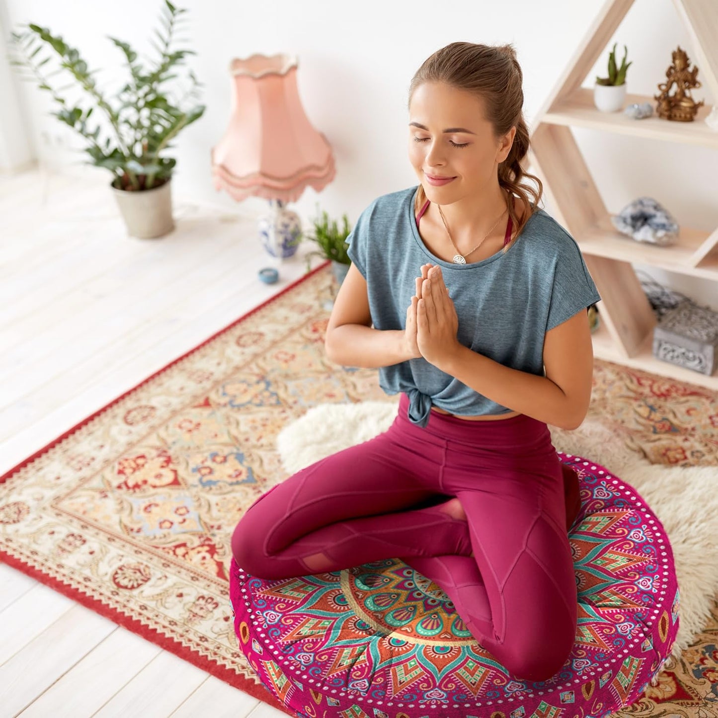 Mandala Meditation Cushion, Boho Meditation Mat, Meditation Pillows for Sitting on Floor, Cushions for Sitting in Home and Outdoor, Square Floor Pillow Cushion Seating for Yoga Accessories 22'' X 22''