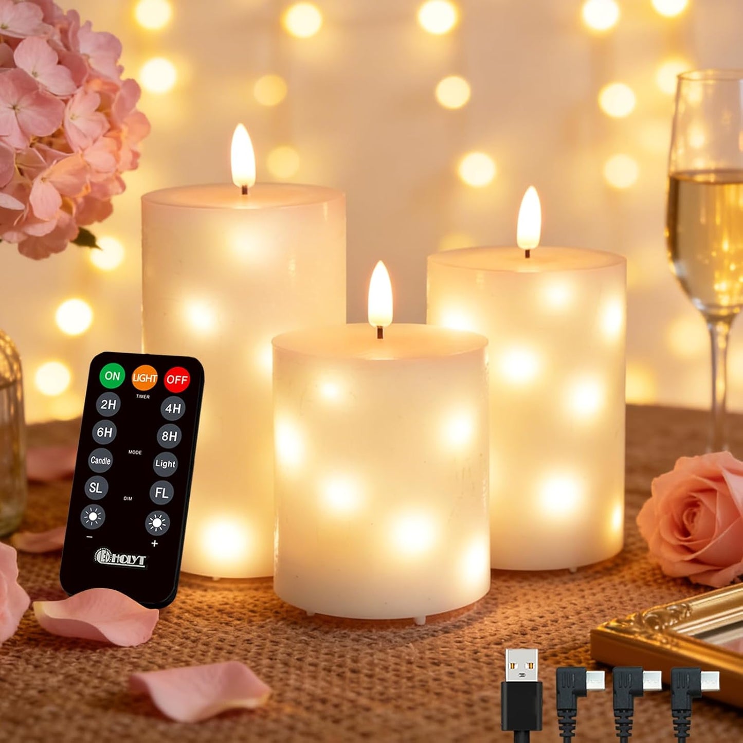 Rechargeable Flameless Glass Pillar Candles–Gifts for Women,–Set of 3, Realistic Flickering LED Light,Remote & Timer, Ideal for Living Room, Bedroom & Festival Wedding Home Party Decor