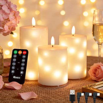 Rechargeable Flameless Glass Pillar Candles–Gifts for Women,–Set of 3, Realistic Flickering LED Light,Remote & Timer, Ideal for Living Room, Bedroom & Festival Wedding Home Party Decor