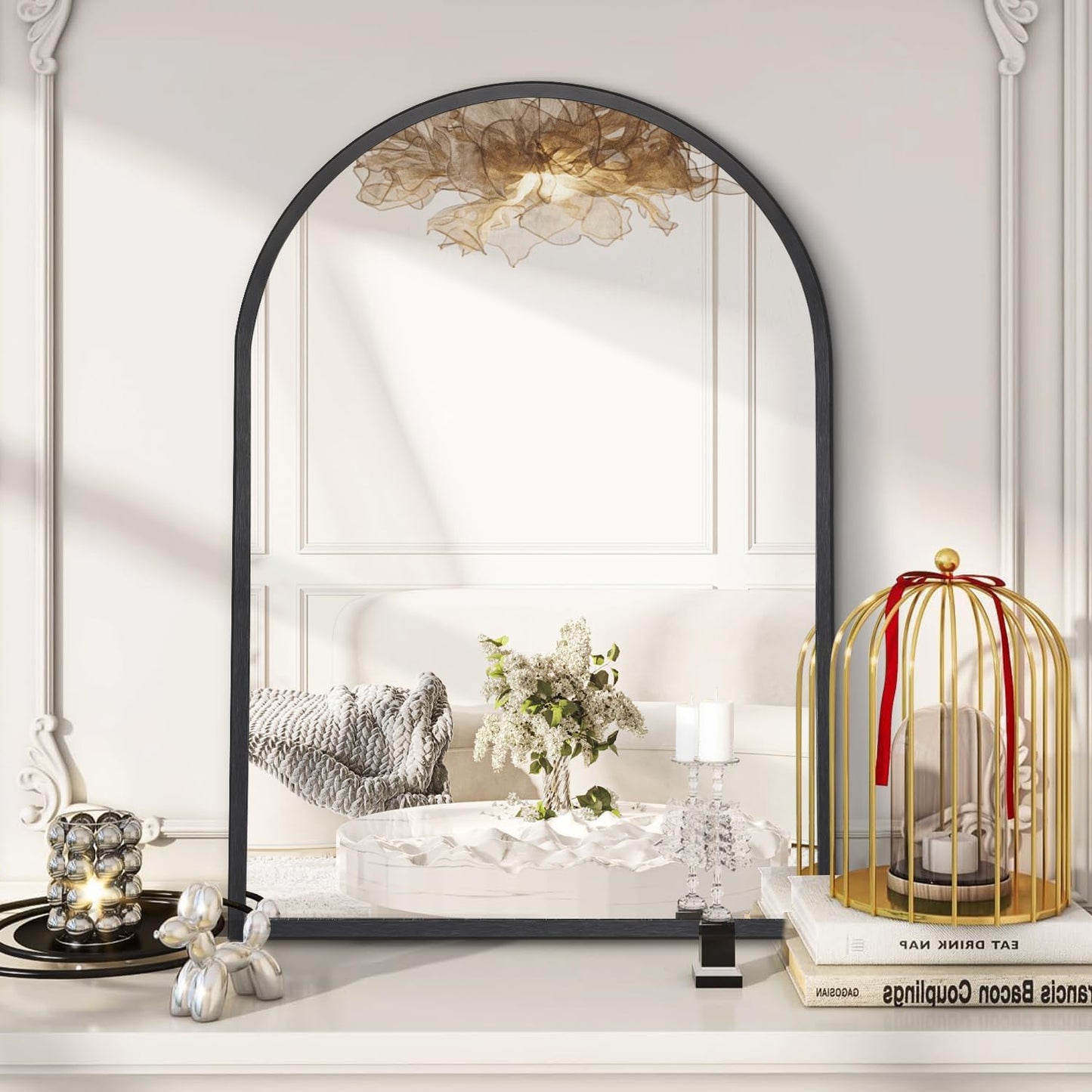 Black Arched Mirror, Modern Bathroom Wall Mirror Aluminum Alloy Framed Mirror Brushed Metal Vanity Wall Mounted Mirror for Livingroom Bedroom Entryway Room 16"x12"