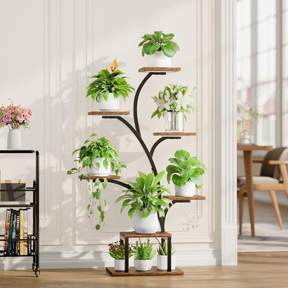 BACEKOLL Plant Stand Indoor with Grow Lights, 7 Tiered Indoor Plant Shelf, 49" Corner Plant Stands for Indoor Plants, Metal Plant Flower Display Shelf, Tree-Shaped Plant Rack for Home, Patio, Brown