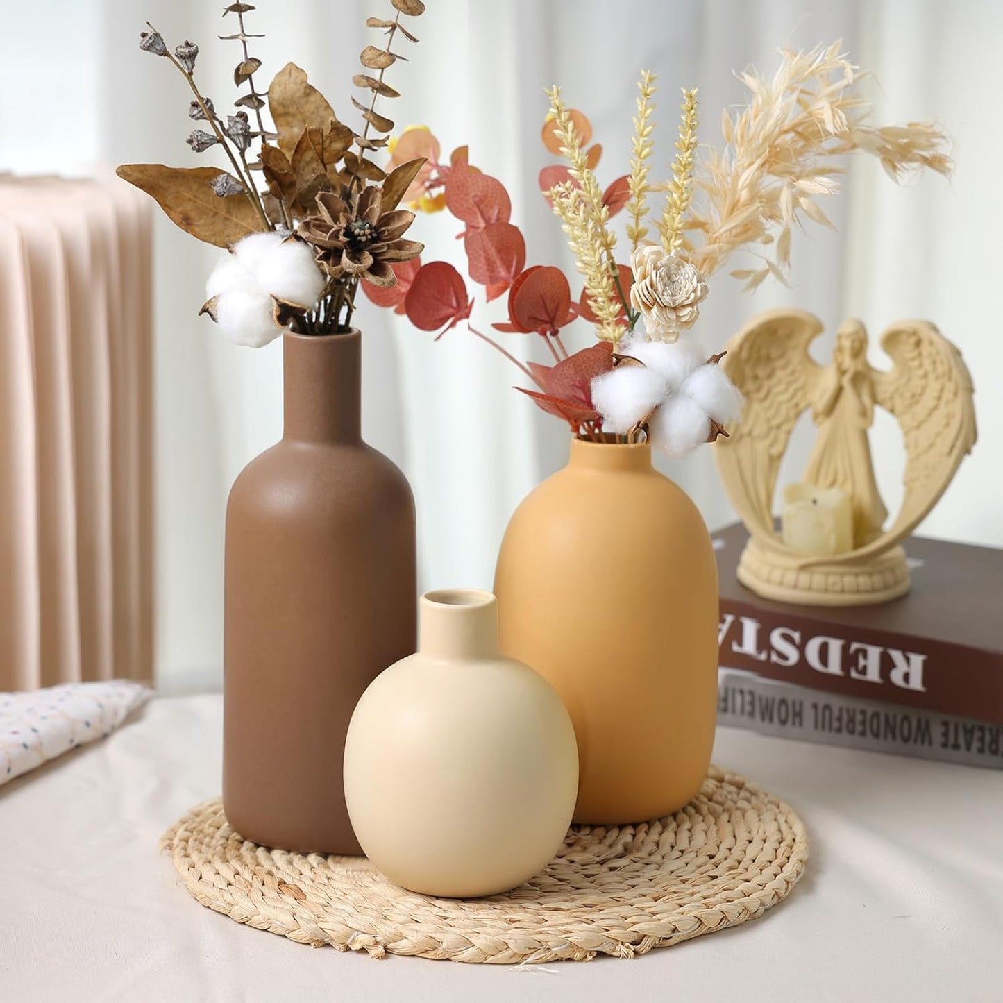 Modern Ceramic Vase Set of 5, Vases Home Decor Rustic Farmhouse Decorative Vase Pottery Vases for Bouquet Pampas Grass Dried Fresh Flowers, Table Living Room Kitchen Bedroom