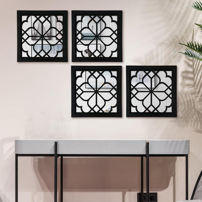 ZEXUIRU 4 Set. Rustic Wall Mirrors for Bedroom Bathroom Living Room Entryway Wood Farmhouse Square Easy to Hang Framed Decorative Accent Hanging Wall-Mounted Mirror Set for Living Room - Black