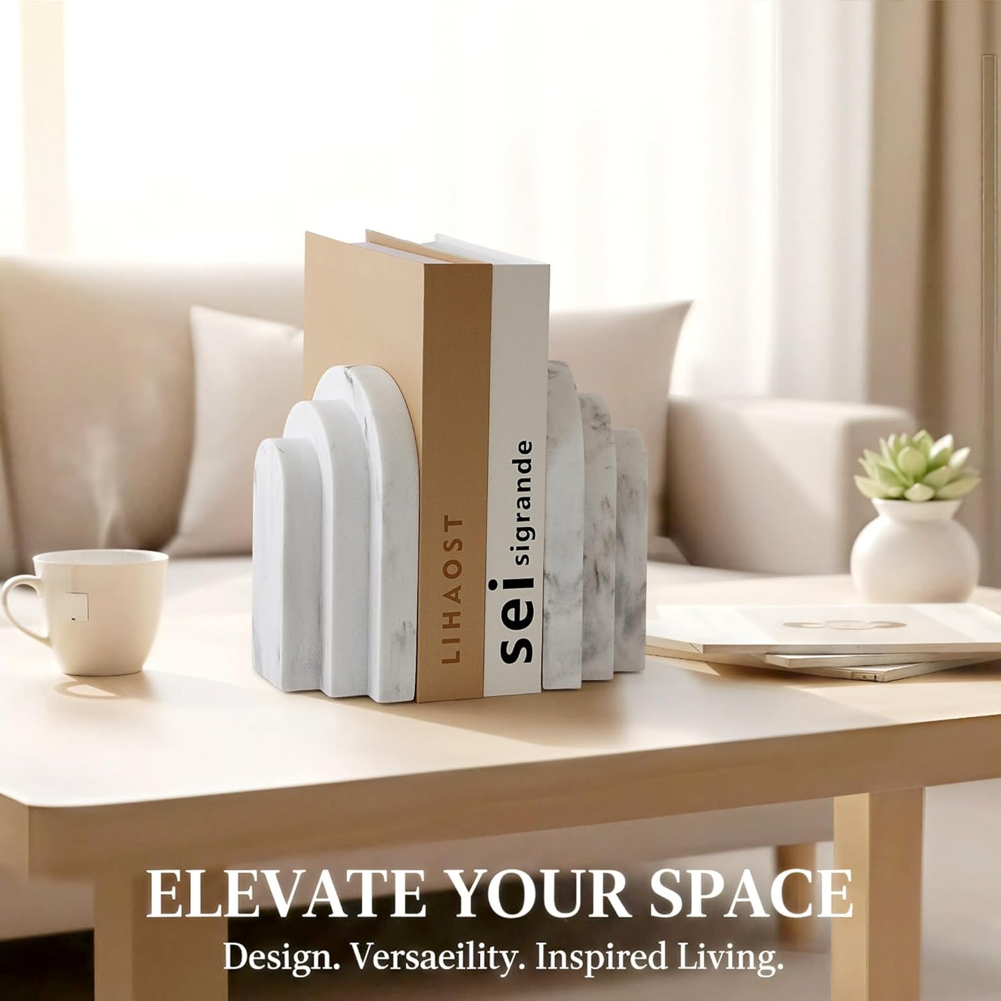 LIN CHUAN Heavy Duty Bookends for Shelves, 6.6 LBS Heavy Book Ends for Heavy Books, Decorative Modern Bookends with Faux Sandstone Look, Layered Arch Book Stopper for Bookshelf Holder Set of 2, Beige