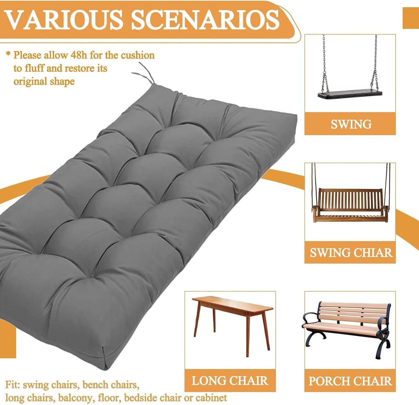 MTMR Outdoor Bench Cushion-44X19 Water-Repellent Tufted Porch Swing Cushions with High Elasticity PP Cotton and Ties Fade-Resistant Patio Outdoor Chair Cushion for Bench Furniture, Indoor Seat Cushion