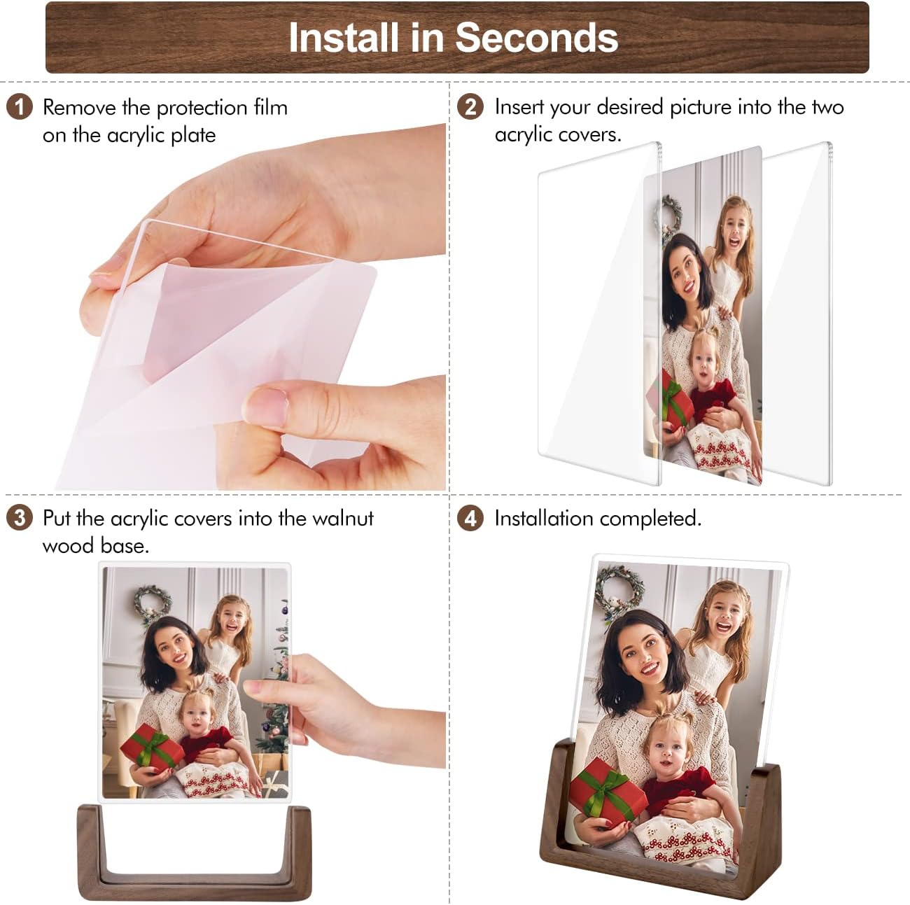 Mixoo 4x6 Picture Frame 2 Pack - Rustic Wooden Picture Frames with Walnut Wood Base and High Definition Break Free Acrylic Photo Covers for Desk Tabletop Display Graduation Gifts Teacher Appreciation Gifts (Horizontal + Vertical)
