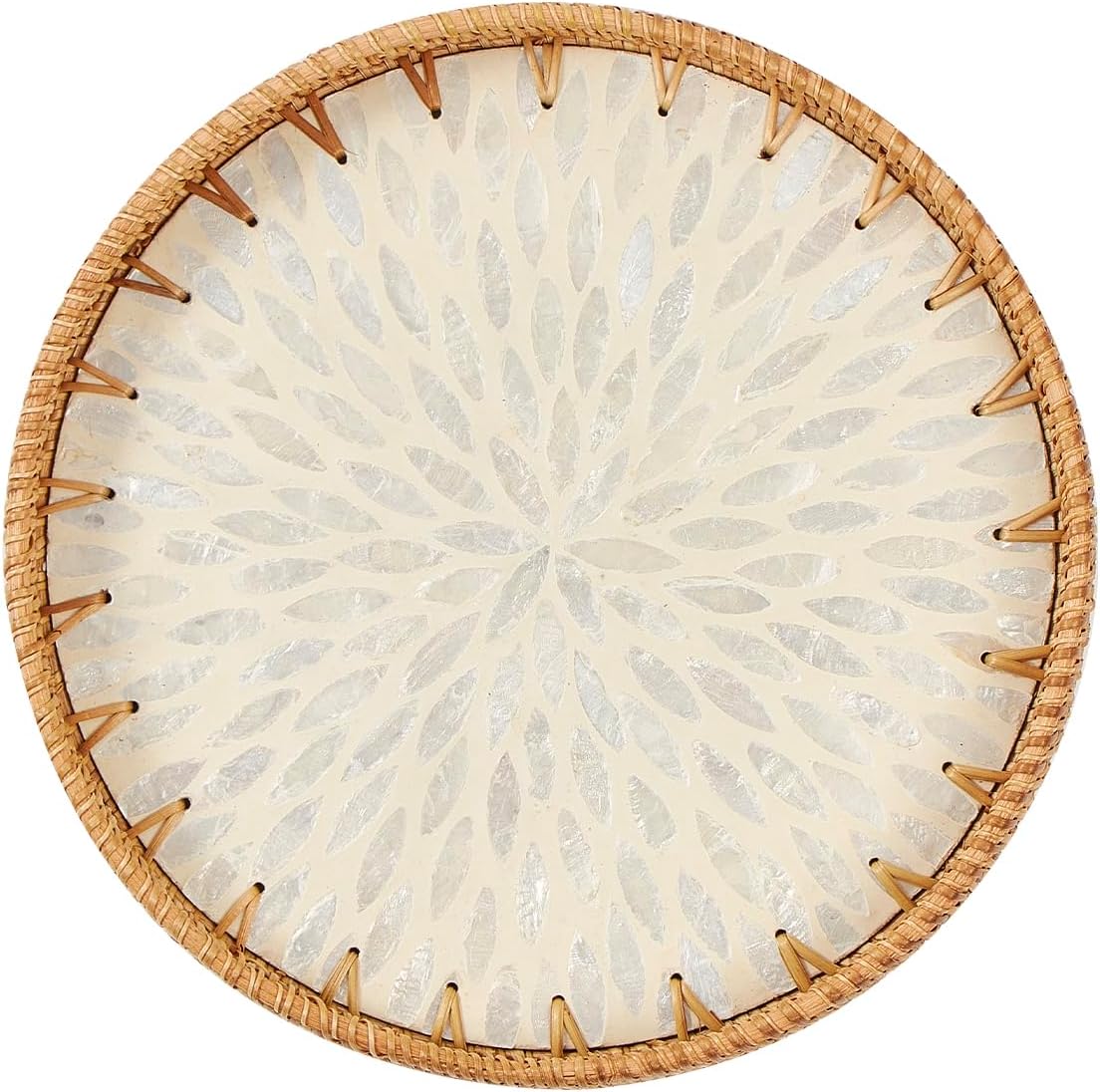 Round Rattan Tray with Mother of Pearl Inlay, Rattan Serving Tray with Wooden Base, Decorative Wicker Basket for Table Decor, Storage and Display of Coffee Bread Food Fruit (Leaf)