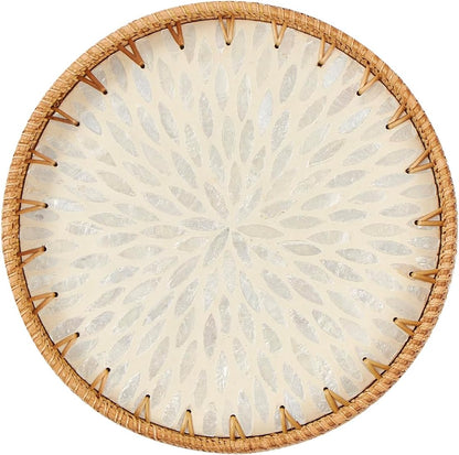 Round Rattan Tray with Mother of Pearl Inlay, Rattan Serving Tray with Wooden Base, Decorative Wicker Basket for Table Decor, Storage and Display of Coffee Bread Food Fruit (Leaf)