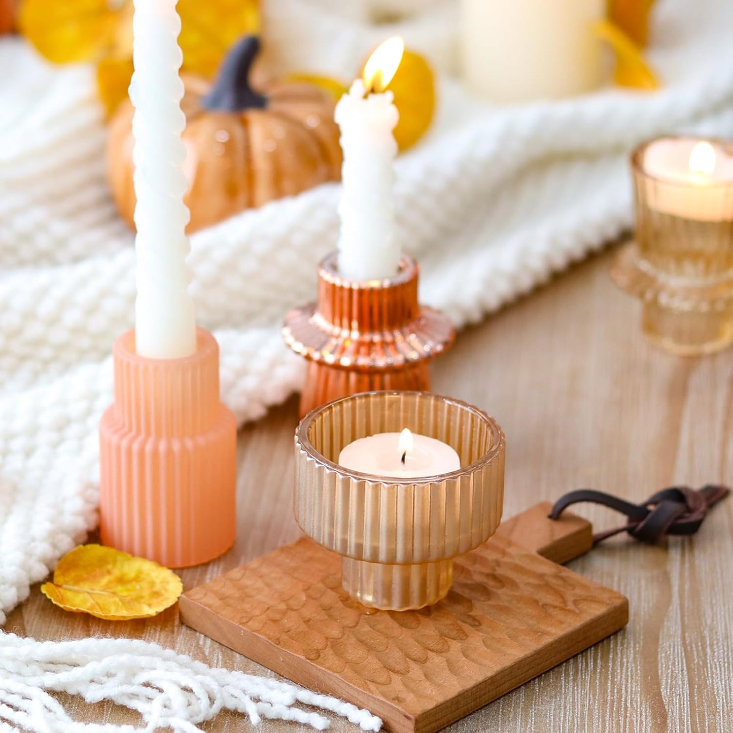Brown Candlestick Holders 12PCS Ribbed Glass Taper Candle Holders Set for Tealight Candlestick Candles, Table Centerpieces for Thanksgiving Christmas Farmhouse Decor Indoor and Outdoor