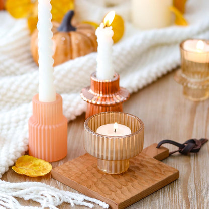 Brown Candlestick Holders 12PCS Ribbed Glass Taper Candle Holders Set for Tealight Candlestick Candles, Table Centerpieces for Thanksgiving Christmas Farmhouse Decor Indoor and Outdoor