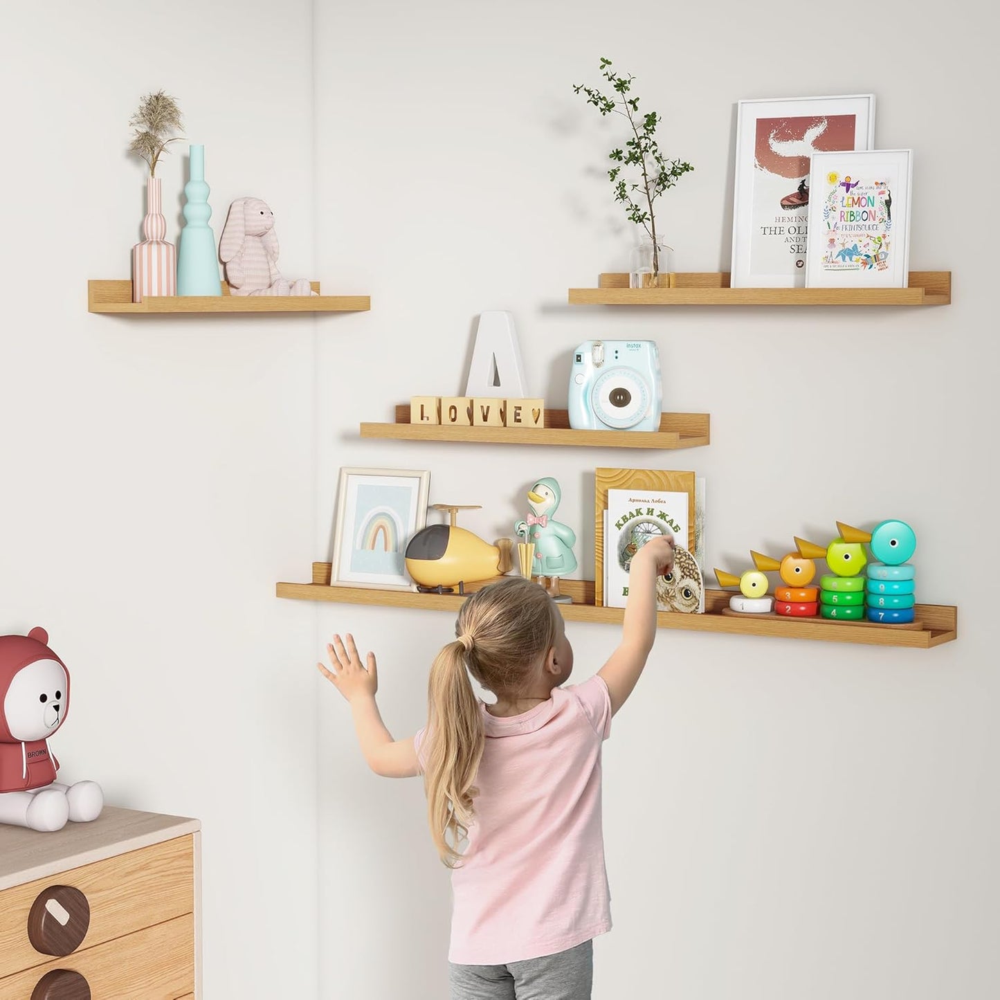FLYJOE Picture Ledge Shelf, Floating Shelves Set of 2, 48 Inches Long Large Nursery Book Shelves for Toys Storage, Kids Bookshelf Wall Mounted for Living Room Bedroom Decor Books Photo Frames, Walnut
