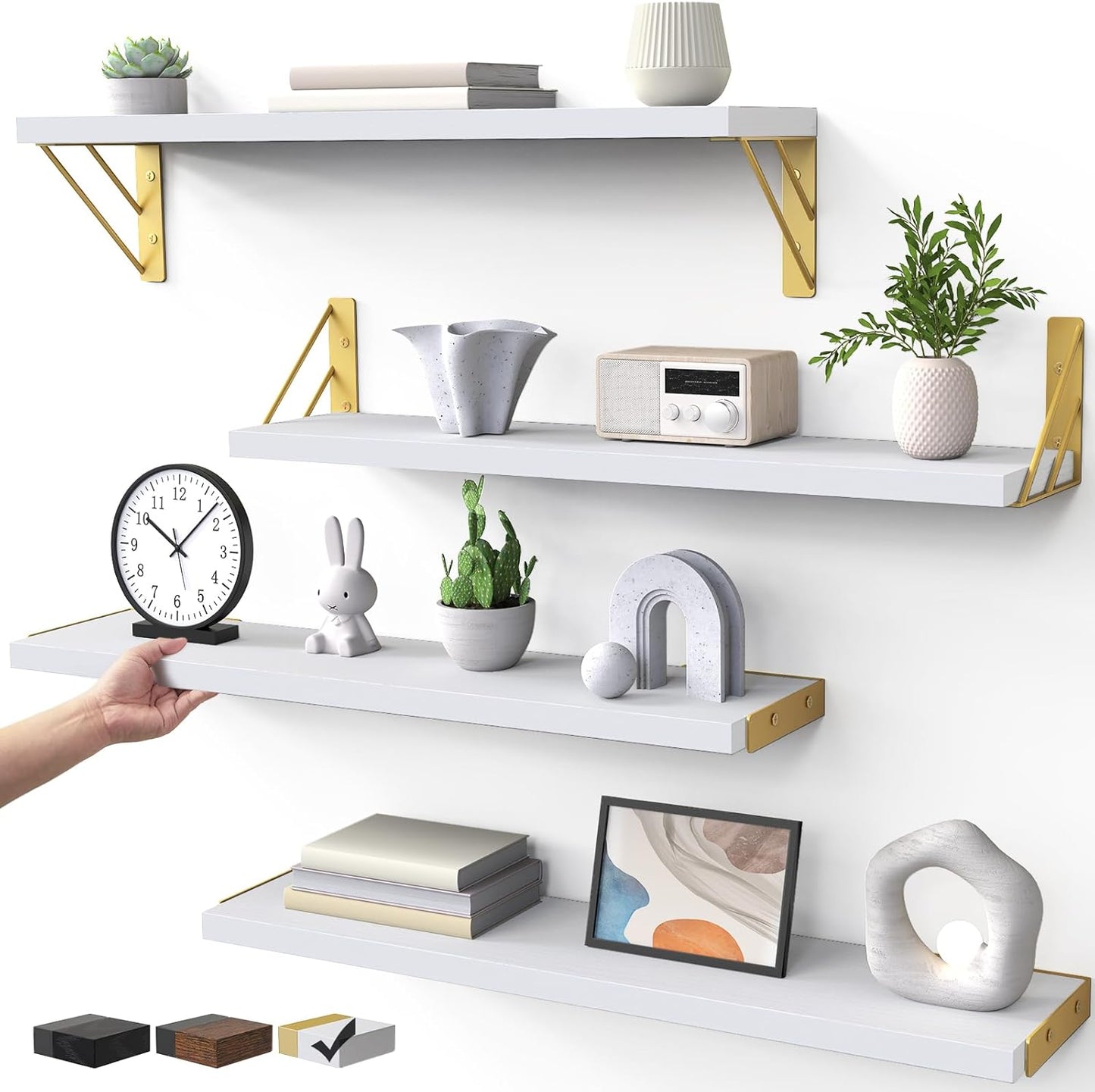 BAYKA Wall Mounted Floating Bathroom Shelves, Wood Wall Shelf for Bathroom Essentials & Decor, Space-Saving Display & Organizer (Black, Set of 4)