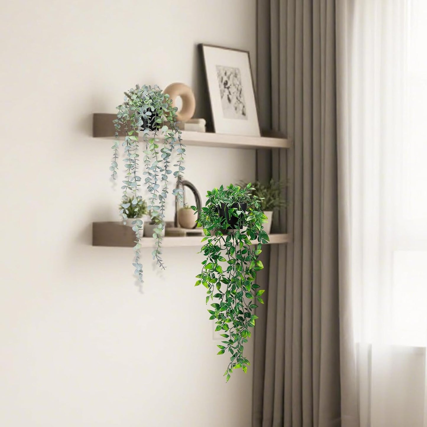 Clearain 1pcs Fake Hanging Plants, Artificial Small Potted Plants, Mini Faux Succulent Plant for Indoor Outdoor Aesthetic Office Living Room Shelf Home Decor (Eucalyptus leaves-1pcs)