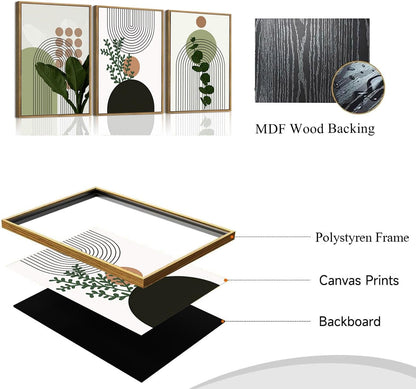 Bwodke Boho Wall Art, Framed Abstract Wall Art, Green Botanical Neutral Canvas Wall Decor, Large Mid Century Plant Pictures Set of 3, Modern Minimalist Paintings, for Bedroom Living Room Bathroom