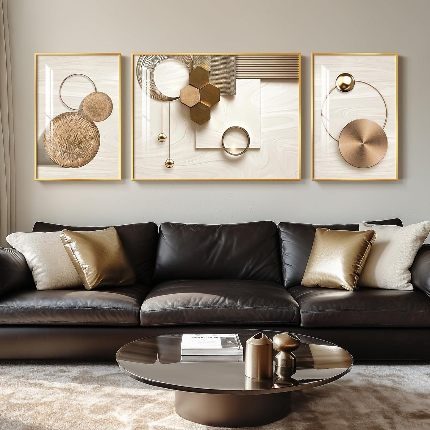 Framed Modern Luxury Gold Wall Art, Set of 3 Piece Contemporary Paintings Artwork for Walls, Golden Prints Pictures with Gold Frame, Wall Decor for Living Room, Hallway, Bedroom, Office 16x24 Inch