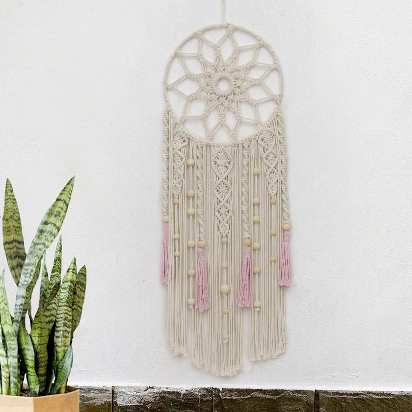 LB Boho Macrame Wall Hanging - Green and Beige Handmade Cotton Woven Decor, Modern Geometric Bohemian Tapestry Wall Decor for Bedroom Living Room Home (31.5"x9.84") Nature-Inspired Room Decor