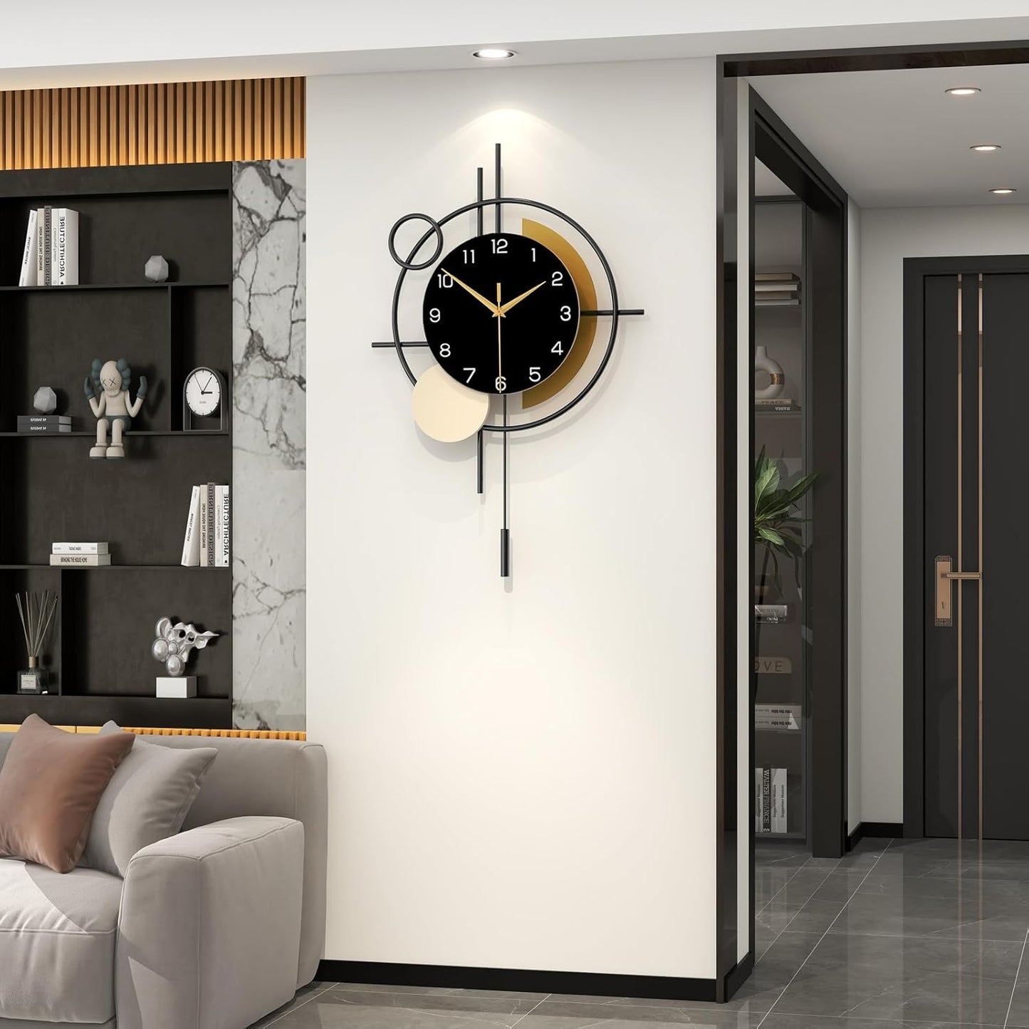 Wall Clock for Living Room Decor Decorative Wall Clock with Pendulum Silent Quartz Battery Operated Black Metal Large Clock for Dining Room,Kitchen,Home,Bathroom,Bedroom,13.8x21.3 in