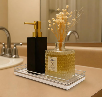 Bathroom Vanity Tray for Countertop, 12" x 6" Acacia Wood Toilet Tank Tray with Metal Guardrail, Bathroom Organizer for Soap, Perfume & Skincare, Non-Slip Decorative Tray for Dresser, Black & Acacia
