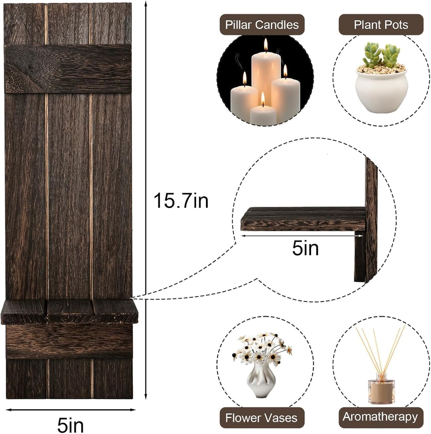 Candle Sconces Set of 2: Farmhouse Wall Candle Holder, Dark Brown Wood Wall Sconces Set of Two,Handmade Wooden Art Decor for Living Room, Dining Room, Bathroom, Bedroom, or Entryway, 15.7"x5"