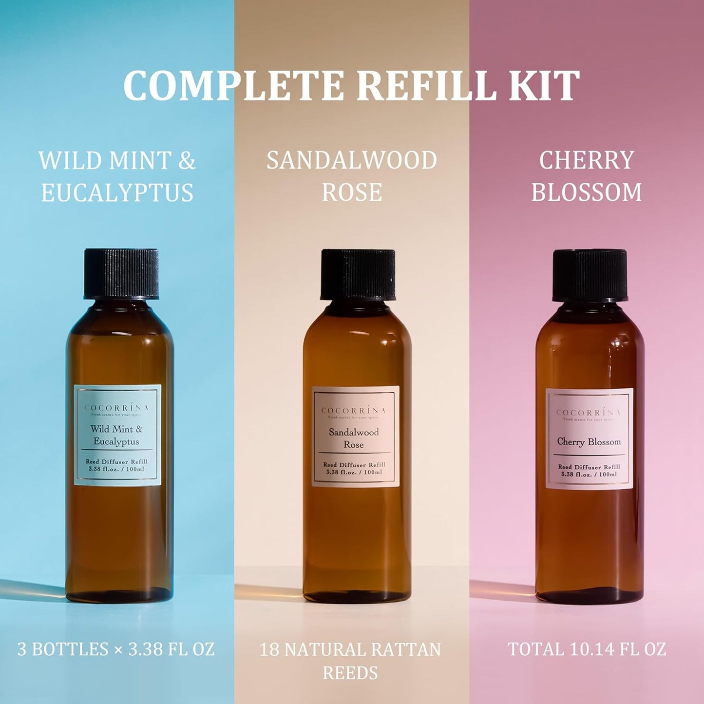 COCORRÍNA Reed Diffuser Set, 10.2oz Scented Oil Refill 3 Pack, Cashmere Vanilla, Ocean Mist, Lavender Garden, Long Lasting Oil Diffuser Refill with 18 Sticks for Bathroom & Bedroom