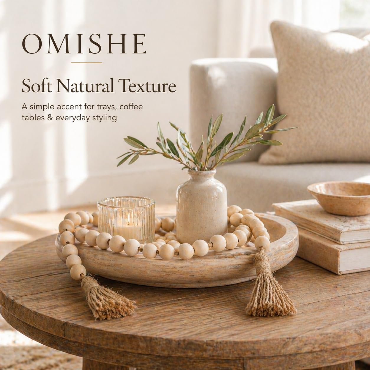 OMISHE Extra Large Wood Bead Garland with 1.6" Diameter Wooden Beads and Tassels, 41" Long Rustic Farmhouse Country Decorative Beads for Home Tiered Tray Decor, Natural Beige