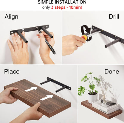BAYKA Floating Shelves for Wall, Set of 3, Wall Mounted Rustic Wood Shelves for Bathroom, Bedroom, Living Room, Kitchen, Small Hanging Shelf for Books/Storage/Room Decor, Walnut-Like, 15.7in