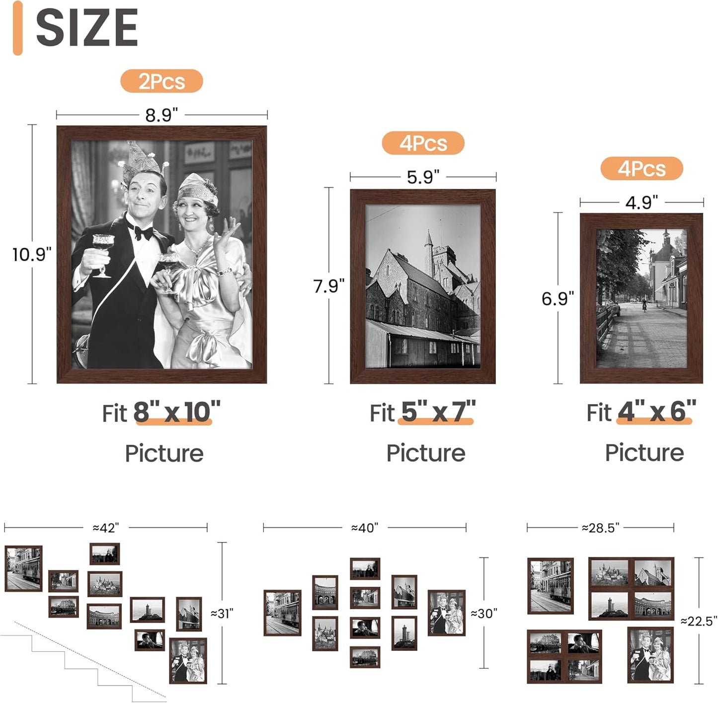 upsimples 10 Pack Picture Frames Collage Wall Decor for Mounting or Tabletop Display, Photo Gallery Frame Set for Family, Multi Sizes Including 8x10, 5x7, 4x6, Black