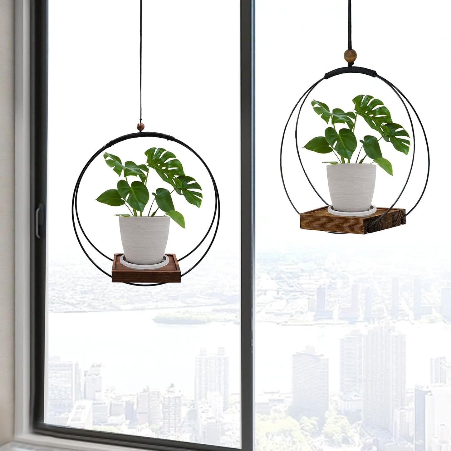 Hanging Planter for Indoor Plants, Black Plant Hanger Indoor with Sturdy Wood Base, Modern Boho Macrame Plant Hanger for 3-5.5 Inch Pot, Hanging Wall Ceiling Window Home Decor (Pots Not Included)