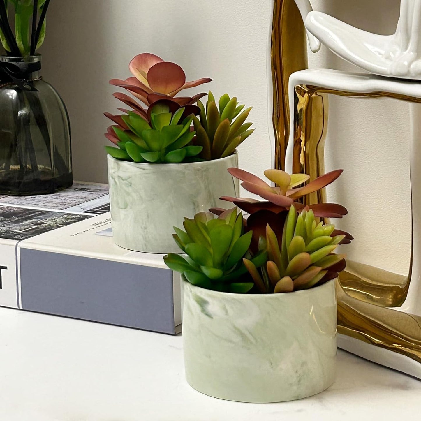 Artificial Plants Succulent Flowers in Ceramic Planter 2 Pack Small Fake Plants Potted for Home Office Desk Decor Farmhouse Living Room Bedroom Shelves Decoration