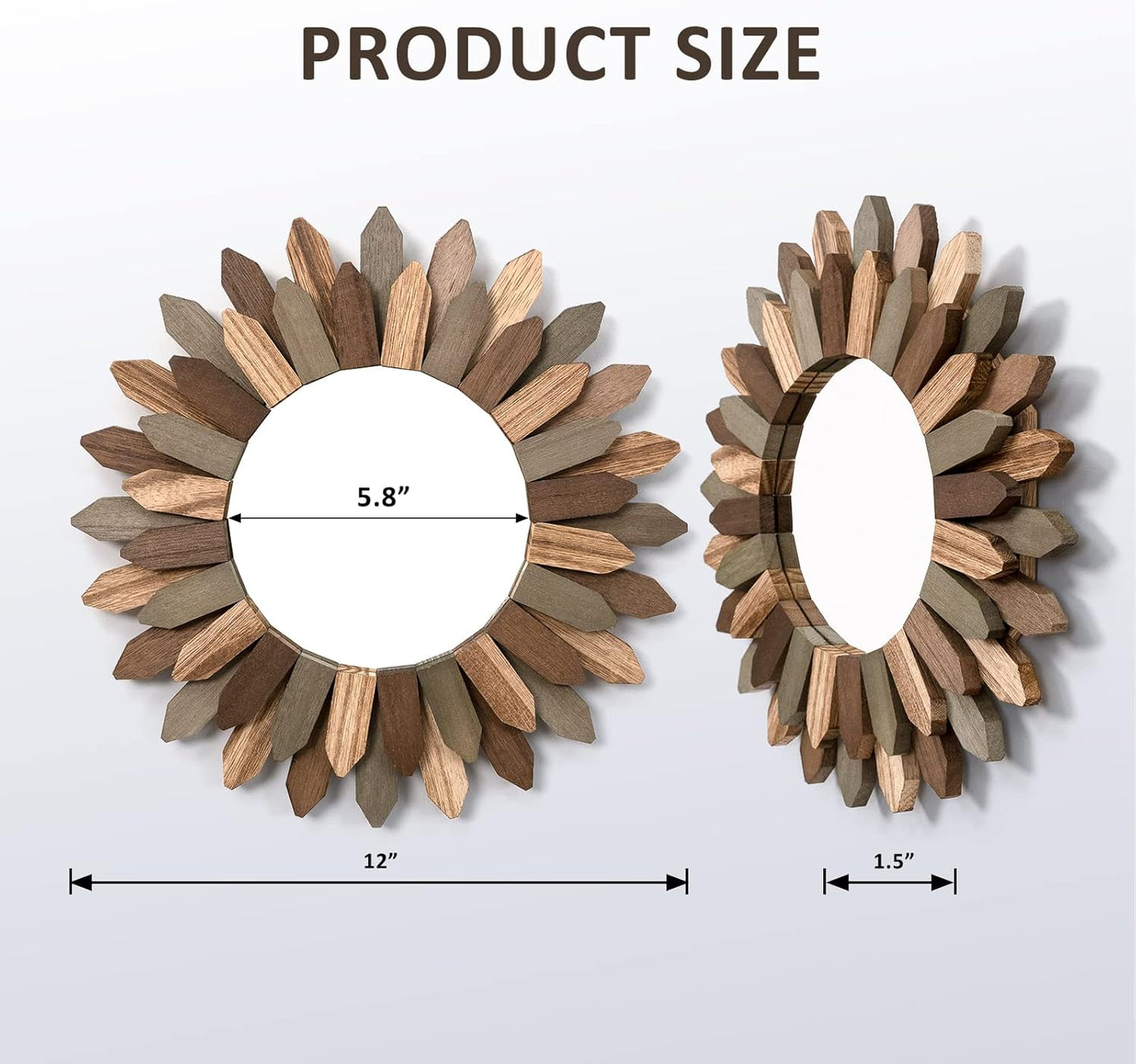 Honiway Wall Mirror Decorative 12 inch Rustic Wood Mirror Sunburst Boho Mirror for Entryway Bedroom Living Room Bathroom House Warming Gifts New Home Essential Carbonized Black