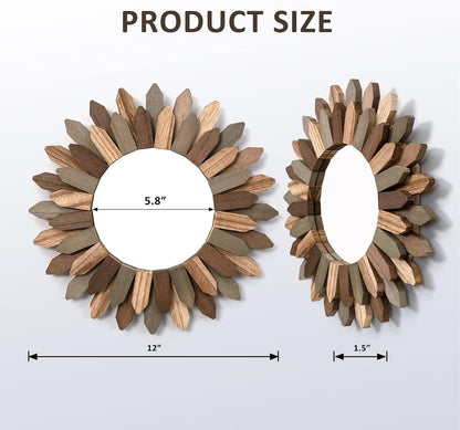 Honiway Wall Mirror Decorative 12 inch Rustic Wood Mirror Sunburst Boho Mirror for Entryway Bedroom Living Room Bathroom House Warming Gifts New Home Essential Carbonized Black