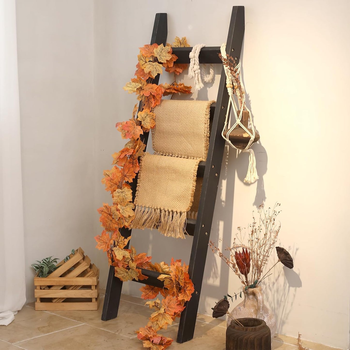 FUIN 5ft (58") Wood Blanket Ladder Living Room Decorative Wall Leaning Farmhouse Quilt Display Holder Storage Rustic Wooden Towel Rack for Bathroom, Brown