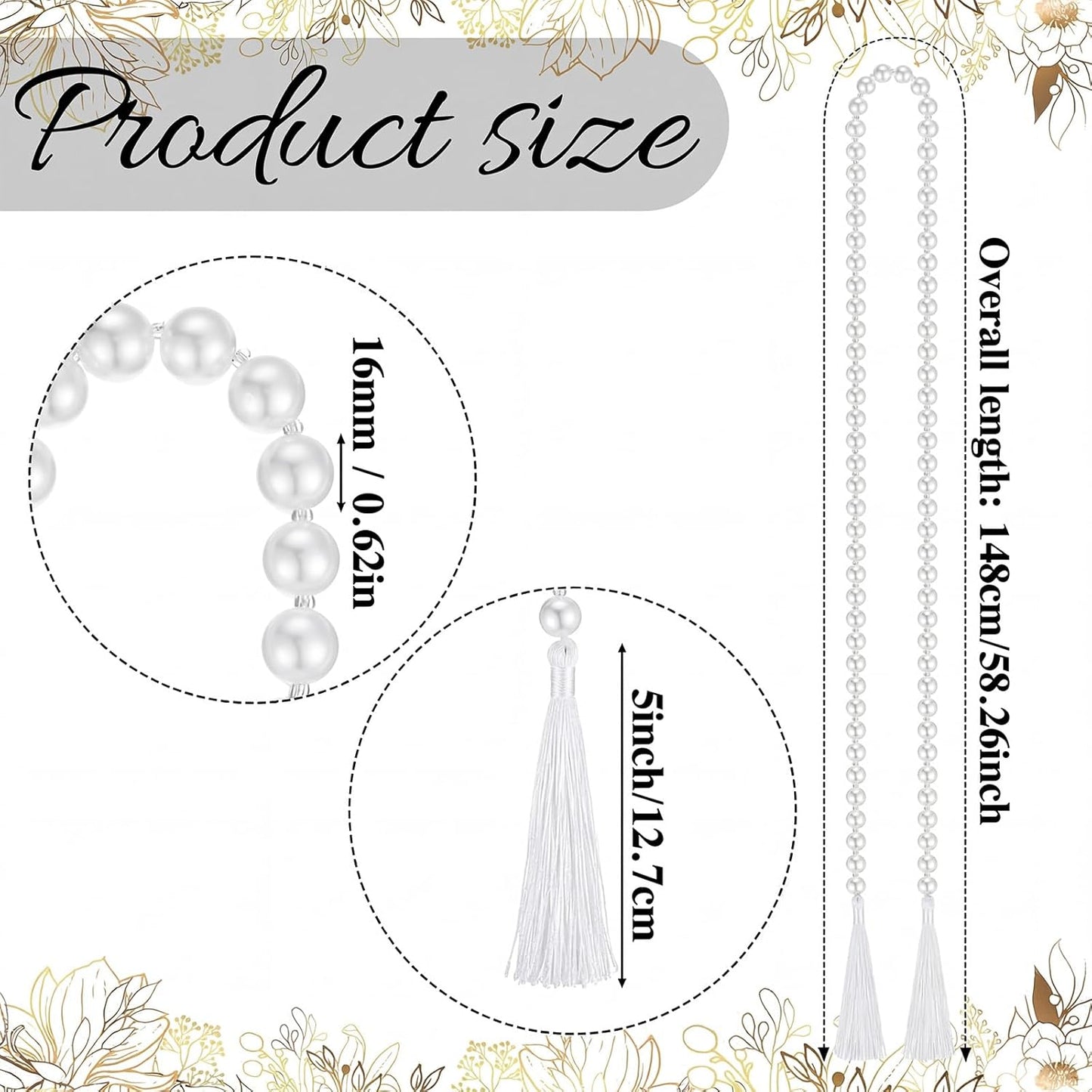 Quelay 58 Inch Pearl Glass Bead Garland 16mm with Tassels Elegant Boho Wedding Table Decor Healing Bead Prayer Fringe Wall Shelf Hanging for Wedding Party Farmhouse Rustic Home Decoration(Beige)