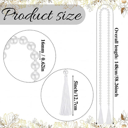 Quelay 58 Inch Pearl Glass Bead Garland 16mm with Tassels Elegant Boho Wedding Table Decor Healing Bead Prayer Fringe Wall Shelf Hanging for Wedding Party Farmhouse Rustic Home Decoration(Beige)