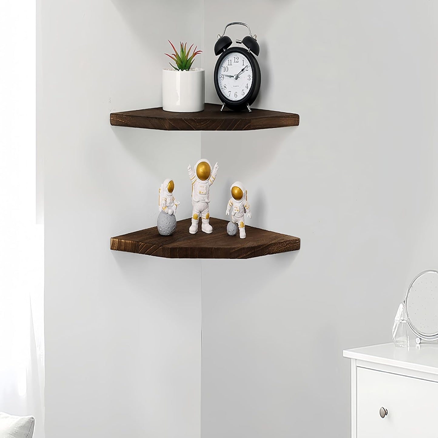Joiishom Wood Corner Wall Shelves Set of 2, Solid Wood Corner Floating Shelves for Wall, Round End Wall Mounted Floating Corner Shelf for Bedroom, Living Room and Kitchen. (Brown-10 inch)
