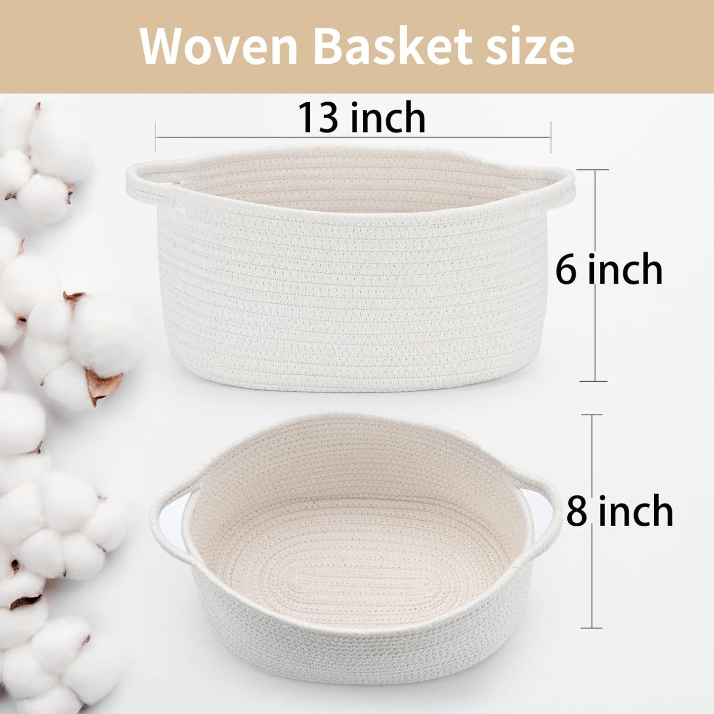Happyiren Medium Woven Cotton Rope Basket with Handle Empty Decorative Gift Basket for Baby Shower, Graduation, Mother's Day, Nursery Storage 13" Dia x 8" W x 6" H