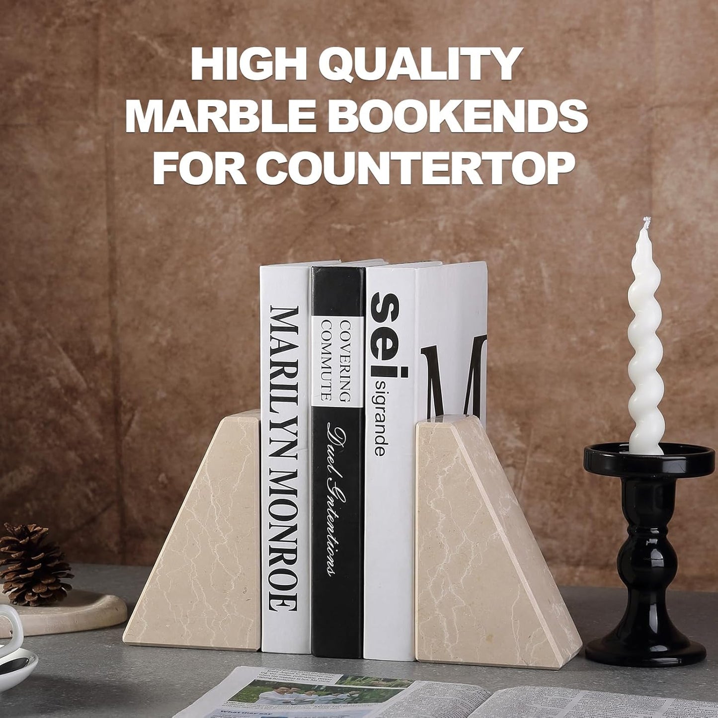Karibiber Travertine Bookends for Heavy Books, Marble Decorative Bookends for Shelves, Heavy-Duty Stone Book Ends for Hardback Book & Cookbooks, Unique Book Stopper & Holder, Travertino Italy
