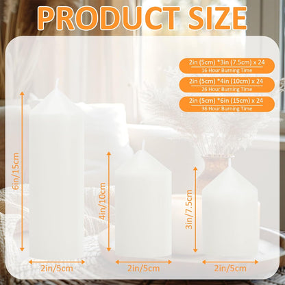 18 Pcs White Pillar Candles Bulk Set，Hurricane Candles，3 Different Lengths 2 x 3/4/6 Inch (6 Each)，Dripless Unscented Smokeless，Gives You a Better Atmosphere When Organizing an Event Party.